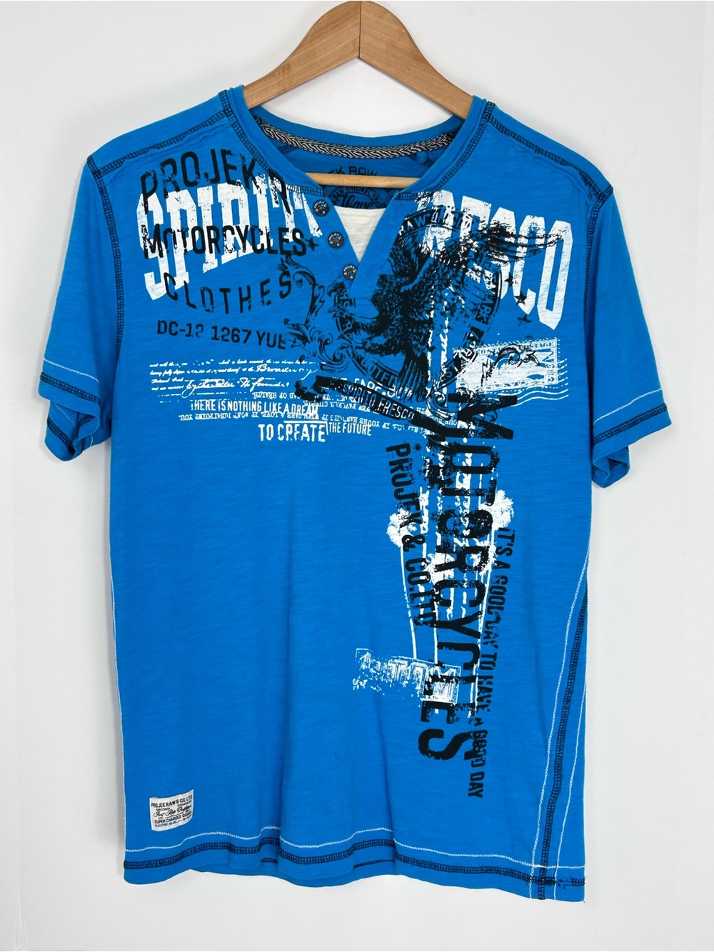 Projek Raw Blue Graphic Henley T-Shirt Size M Cotton